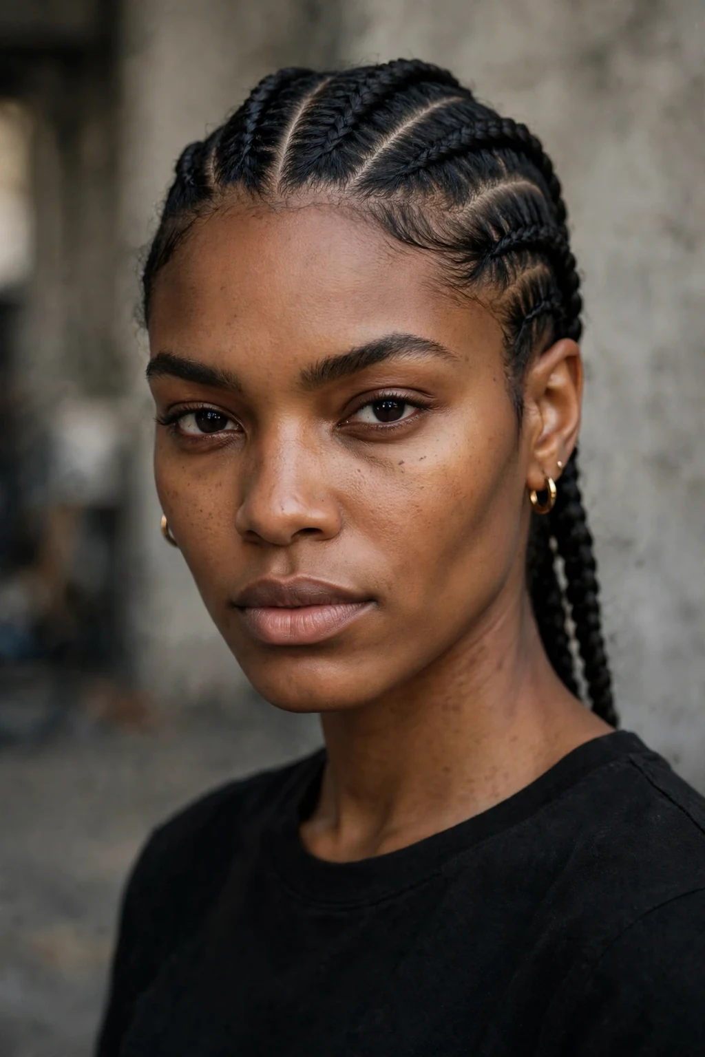 Beautiful woman with cornrows, sleek cornrows, bold light.
