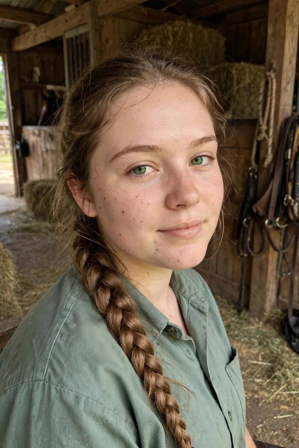 Young woman with a cowgirl French braid, wearing a work shirt in a stable.