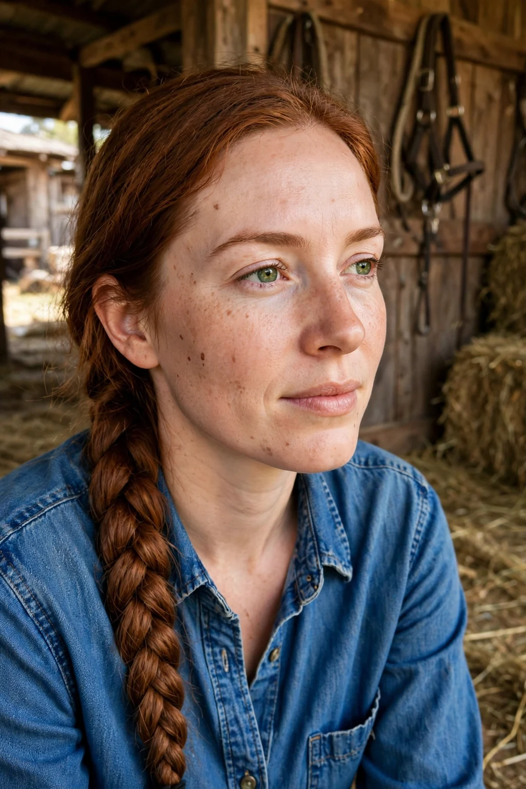 Young woman with a cowgirl rope braid, wearing a denim shirt at a horse barn.