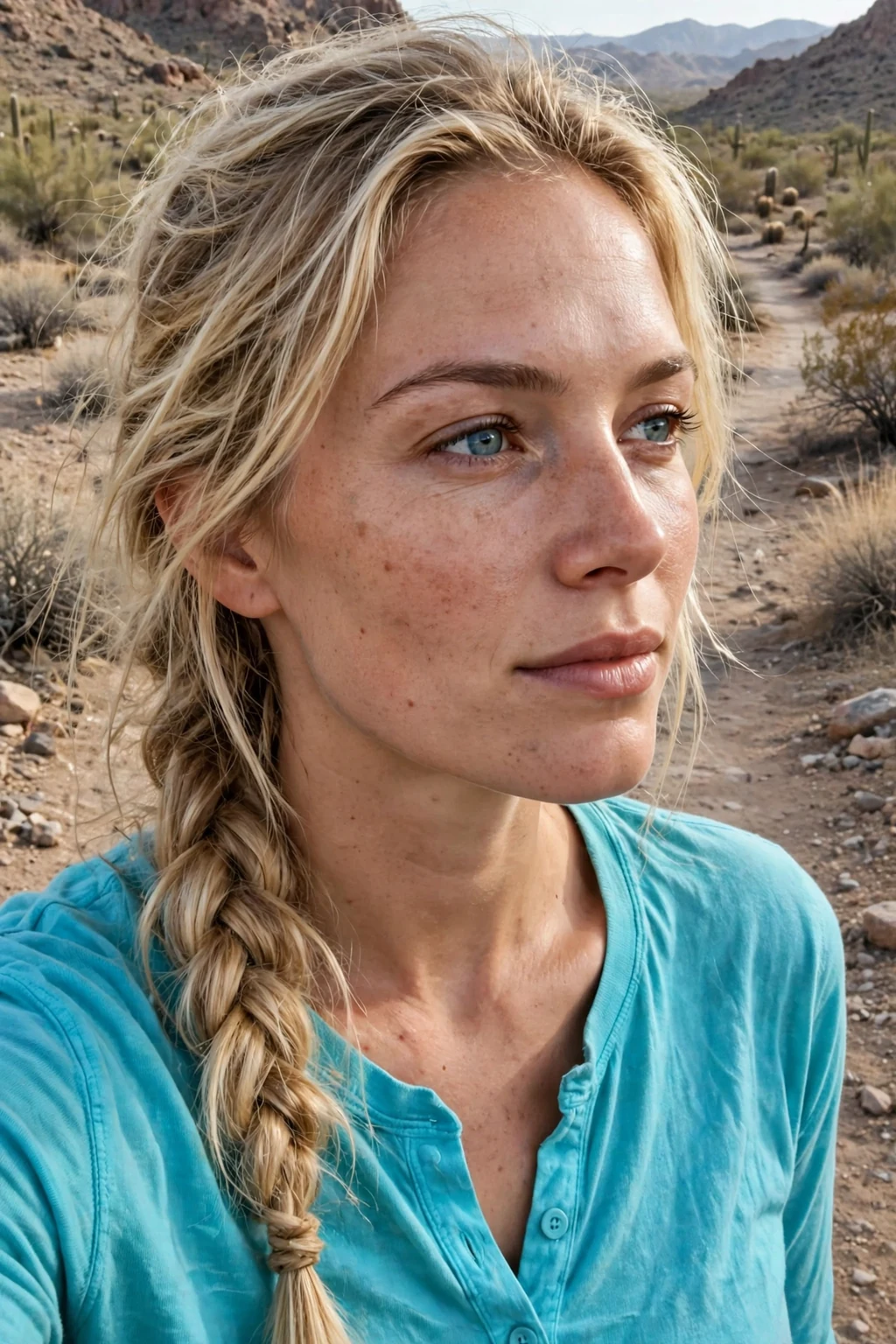 Young woman with a cowgirl side braid, wearing a turquoise top on a trail.