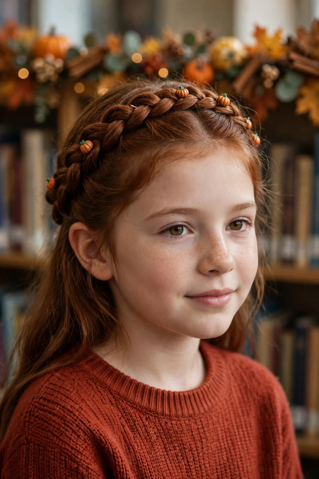 A girl with a crown braid wrapped around the head with small pumpkin clips, in a school library with fall garlands.