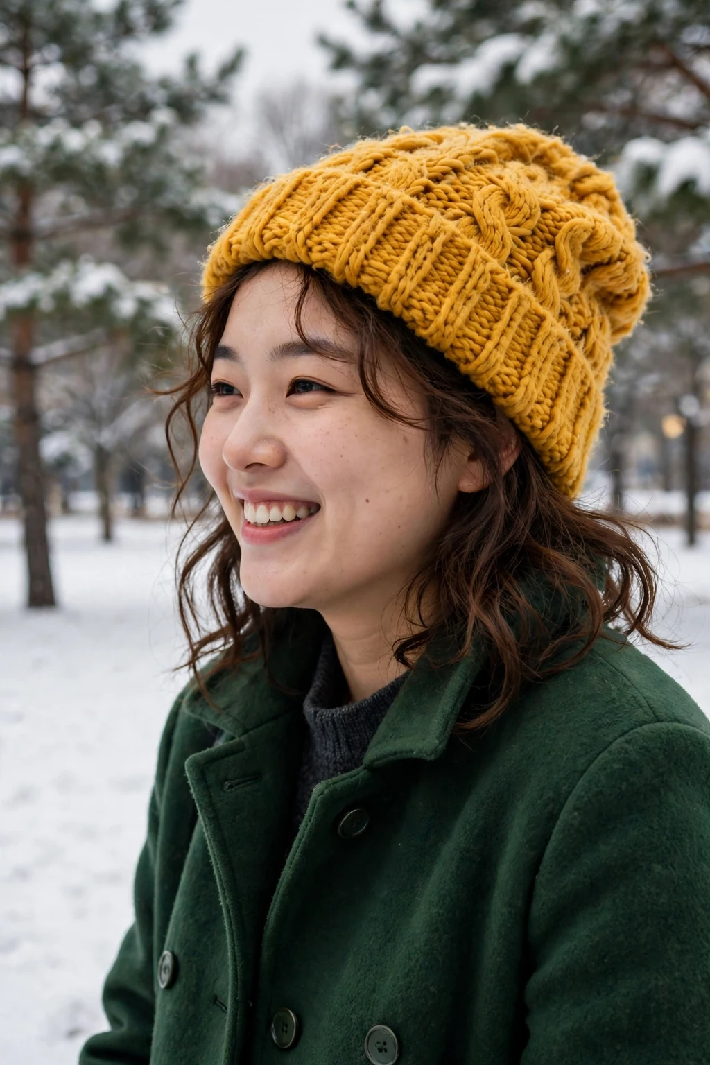 Young woman with soft loose waves peeking out from under a chunky knit beanie, wearing a forest green coat in a snowy park.