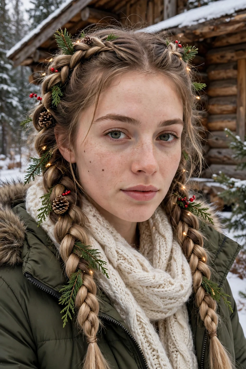 Young woman with cozy cabin tree braids hairstyle, festive holiday look.