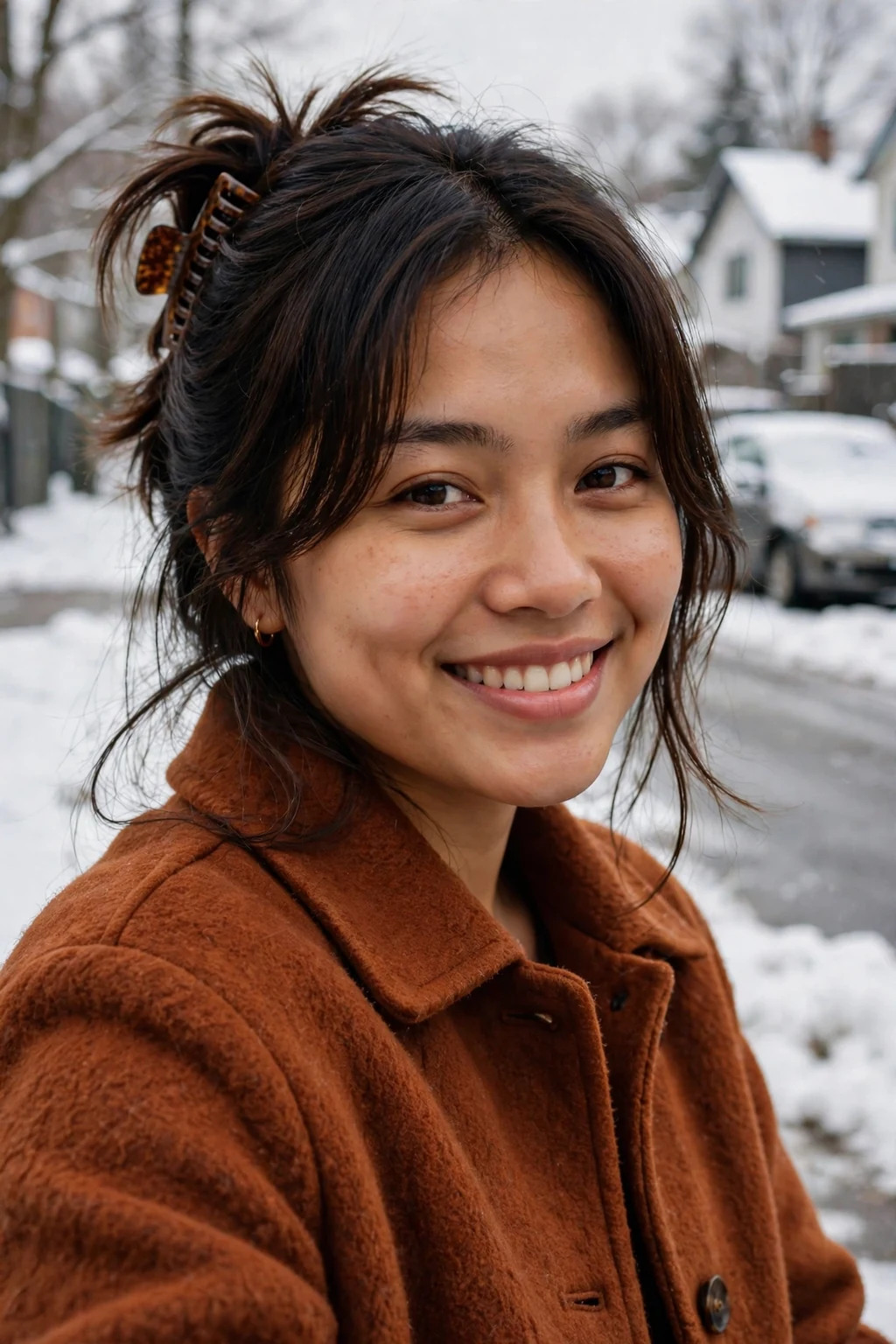 Young woman with a cozy claw clip twist and soft layers, wearing a rust coat in a snowy neighborhood street.