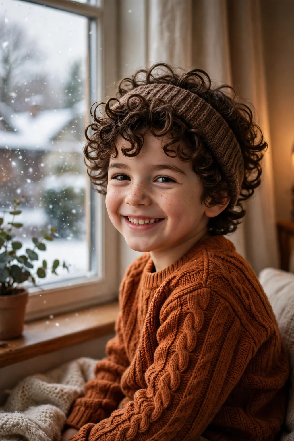 A young boy with cozy cocoa curls in soft defined curls with a brown knit headband.