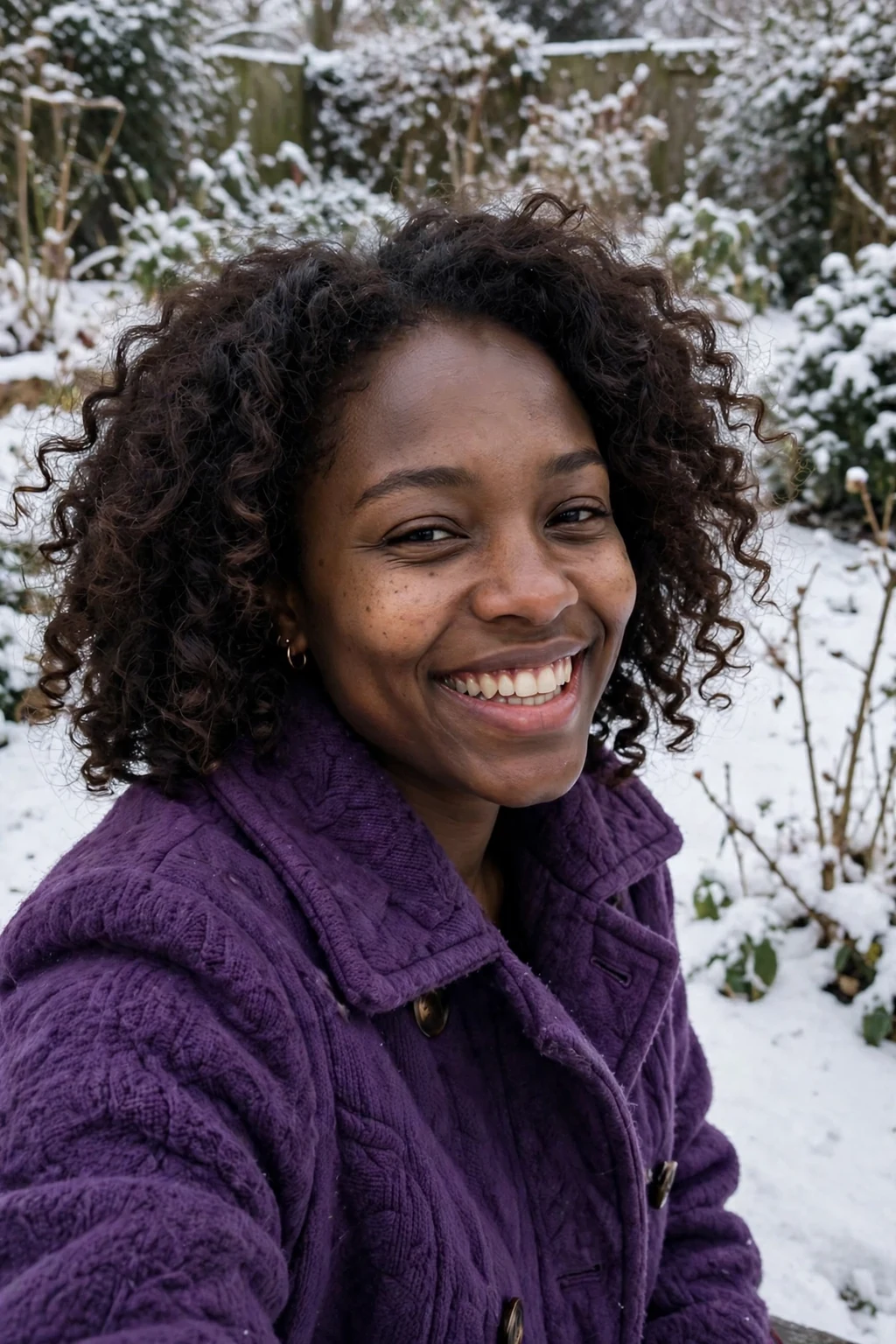 Young woman with cozy winter curls hairstyle, wearing a purple coat in a snowy garden.