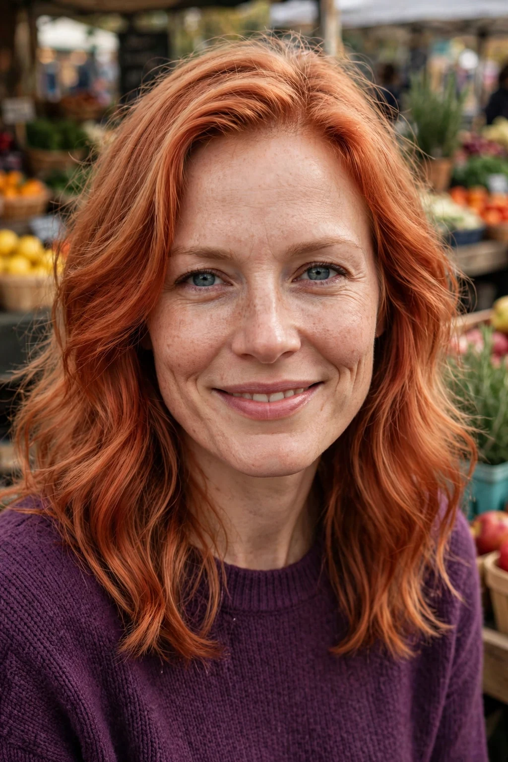 Young Caucasian woman in her late 20s with a cranberry copper melted hair color with soft waves, at a farmers market wearing a plum-purple sweater.