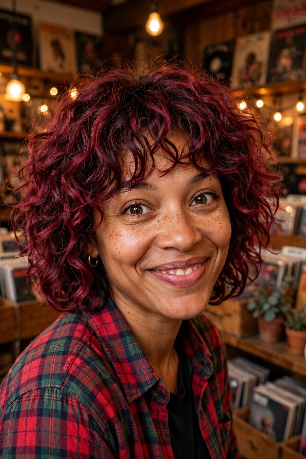 Young Black woman with a cranberry curly shag, layered curls with bangs, wearing a plaid shirt, in a record shop in fall.
