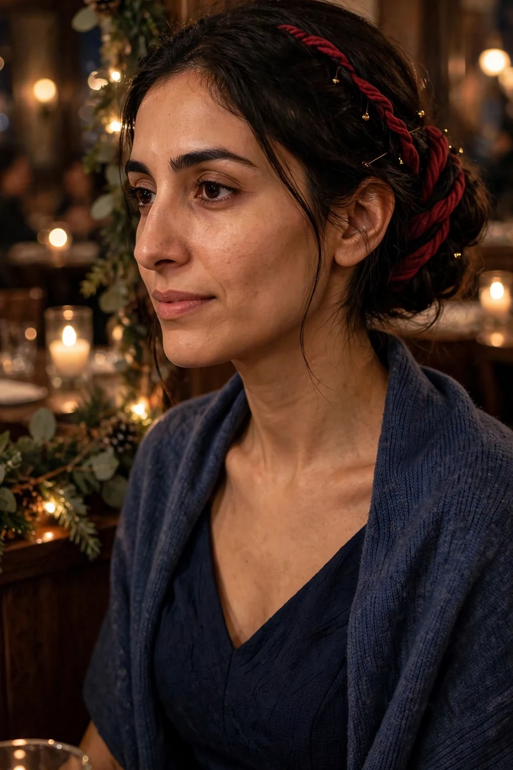 Young woman with a soft low bun wrapped in cranberry twists and gold pins in a candlelit restaurant.