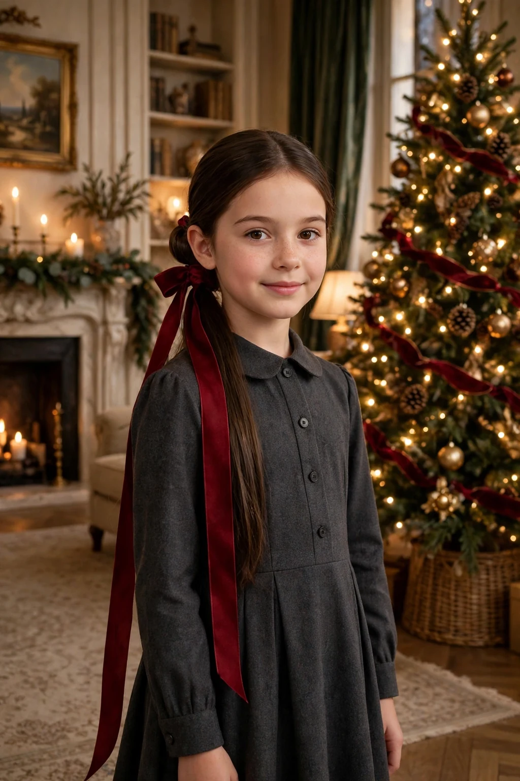 A young girl with a cranberry ribbon ponytail in a low ponytail wrapped with deep red ribbon.