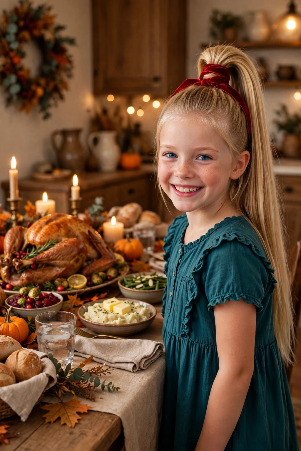 A young girl with a high ponytail wrapped with a cranberry red ribbon, wearing a teal dress at a decorated Thanksgiving table.