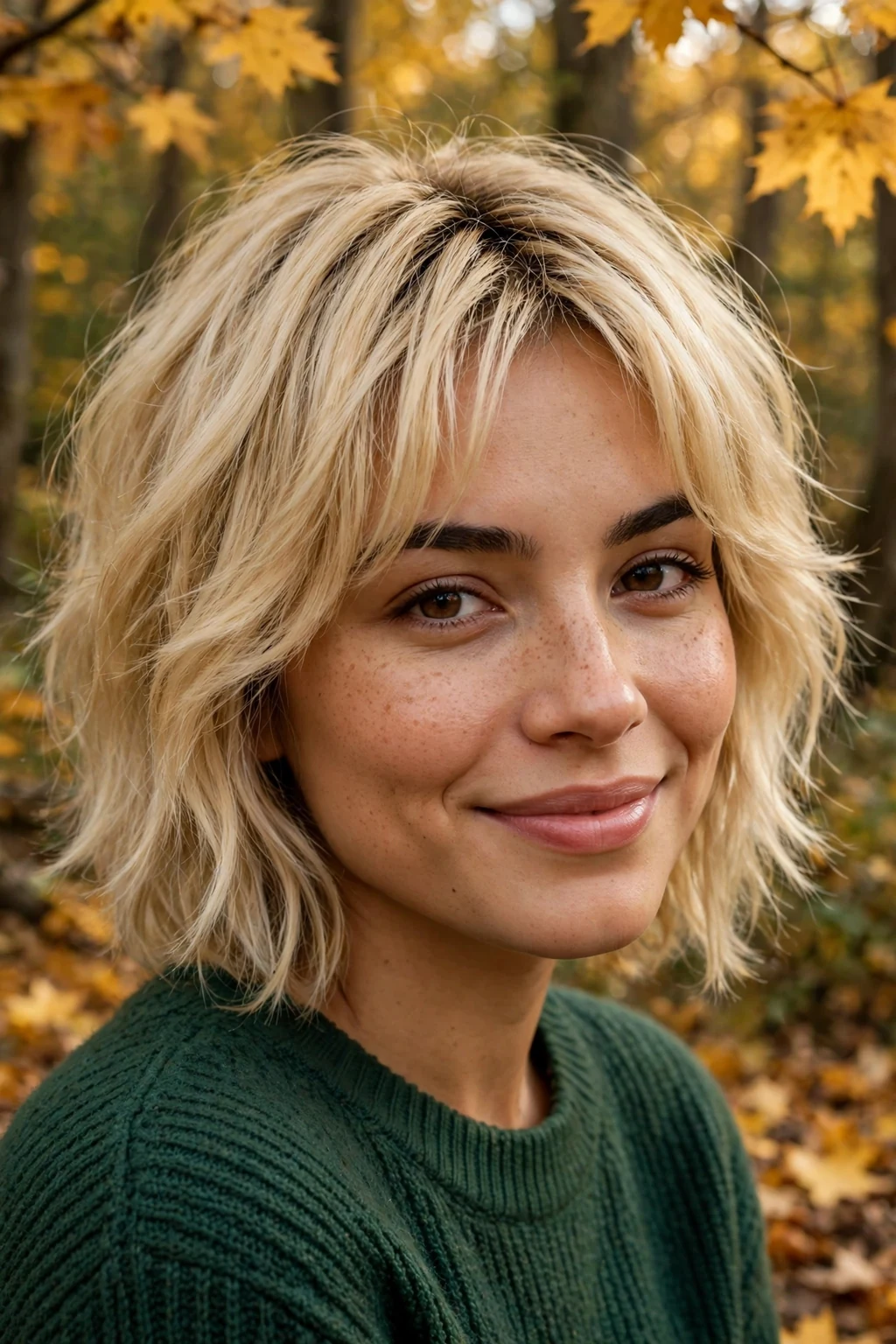Young woman with creamy butter blonde hair in a soft shag, wearing a forest green sweater in a forest.