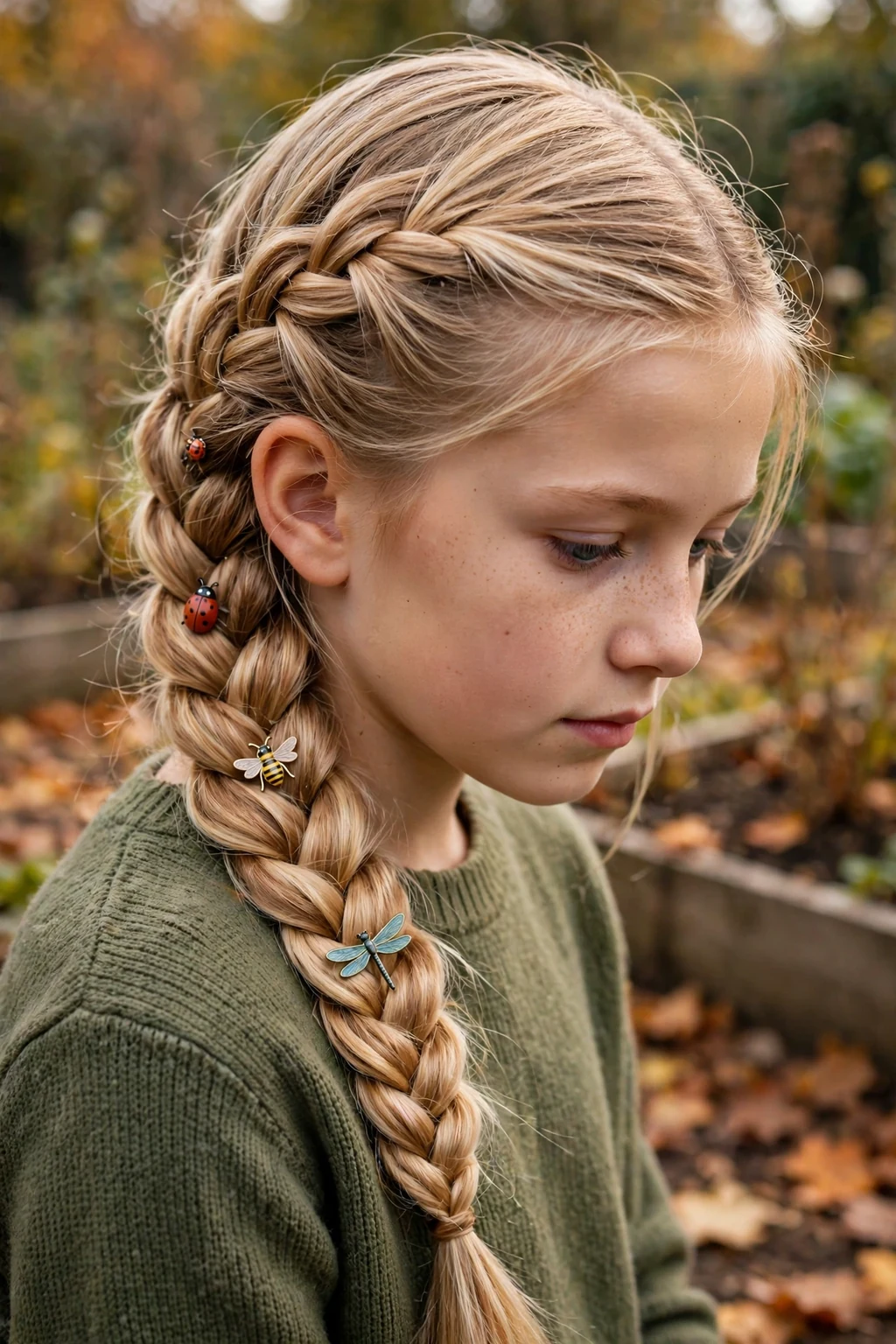A girl with a side fishtail braid with tiny bug clips, in a school garden with autumn leaves.
