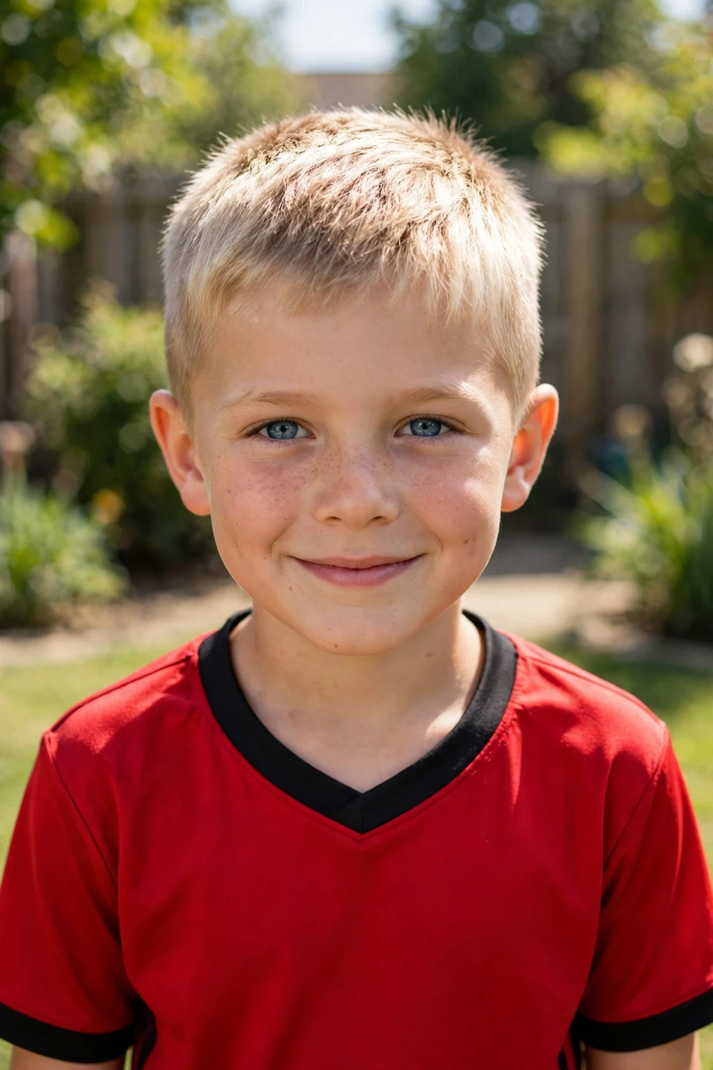 A young boy with a crew cut, short hair all over with a slightly longer top, in a backyard wearing a red soccer jersey.