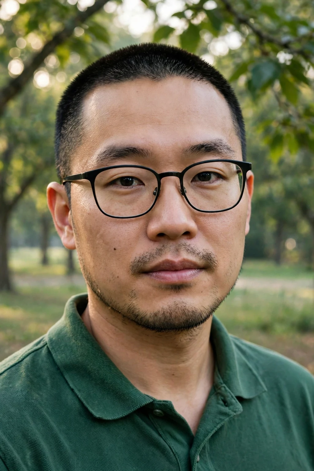 A man with a crew cut wearing a forest-green polo shirt in a park.
