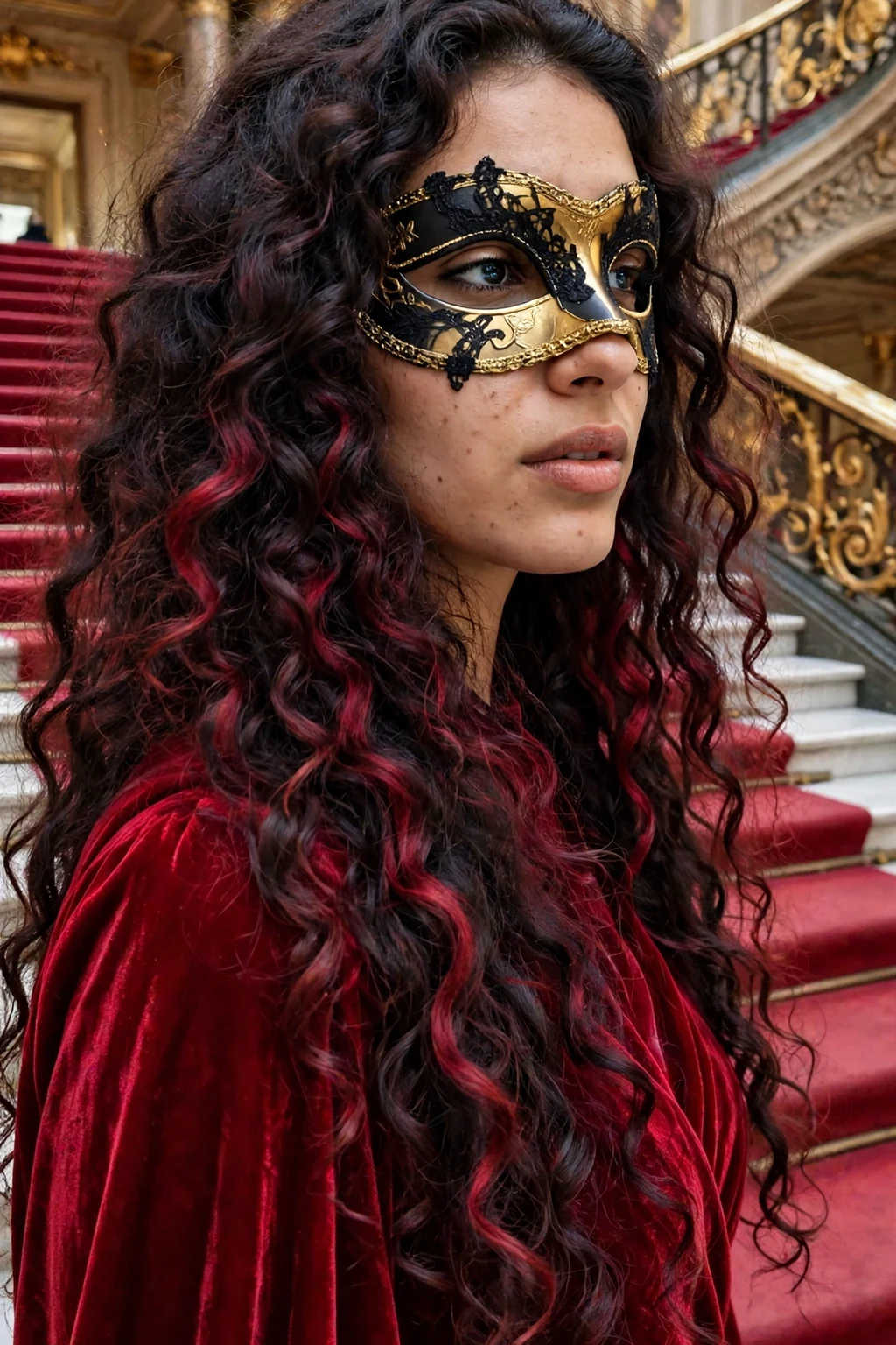 Young woman with voluminous crimson-tinted cascading curls and a black and gold masquerade mask on an opera house staircase.