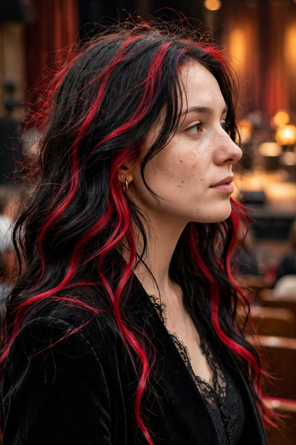 Young woman with crimson-streaked witch waves in a concert hall wearing a black velvet blazer.