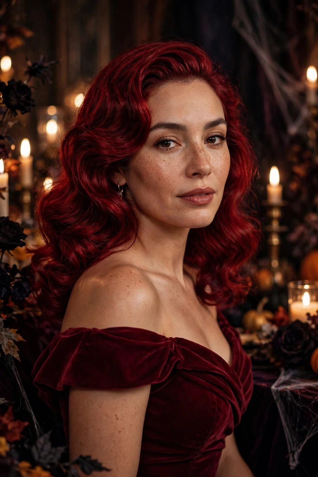 Young woman with crimson velvet vampire waves and a burgundy off-shoulder gown at a candlelit ball.