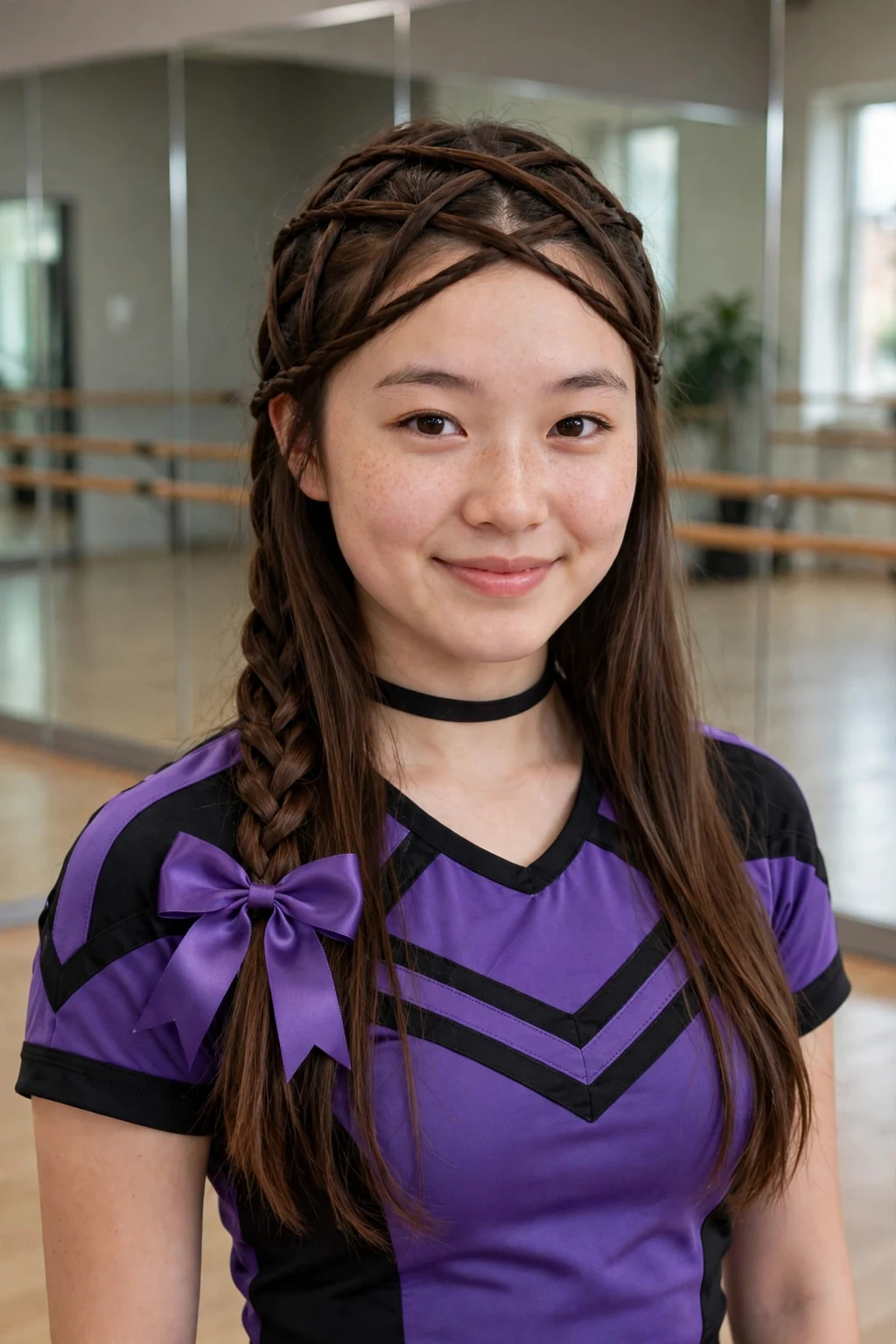 Young cheerleader with crisscross braids and a purple bow, practicing in a mirrored studio.