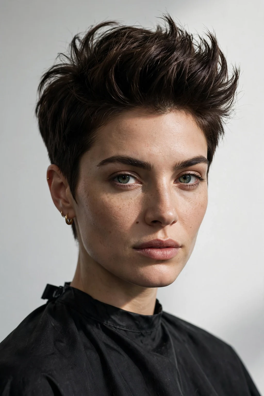 Woman with cropped pixie with height, short cut with lifted top, striking light.