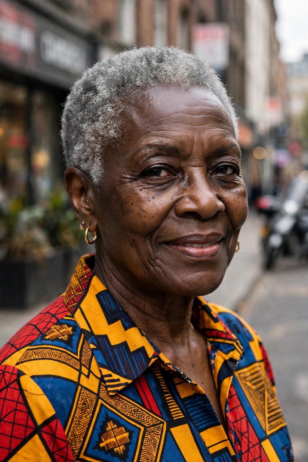 Beautiful older woman with cropped wash-and-wear, bold cropped cut, confident light.