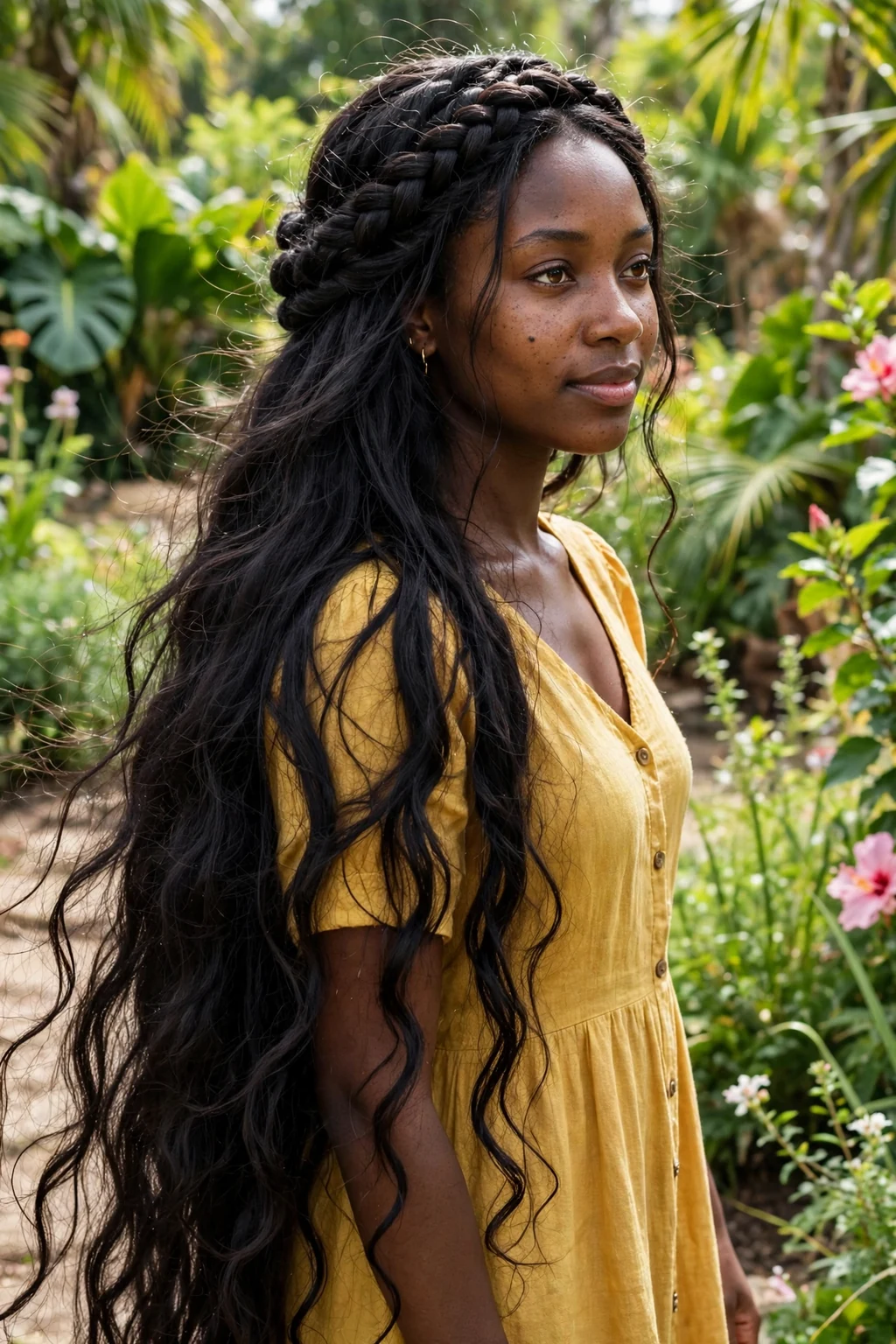 A young Nigerian woman in her late 20s with long black hair in a crown braid with flowing length, wearing a mustard yellow midi dress in a botanical garden.