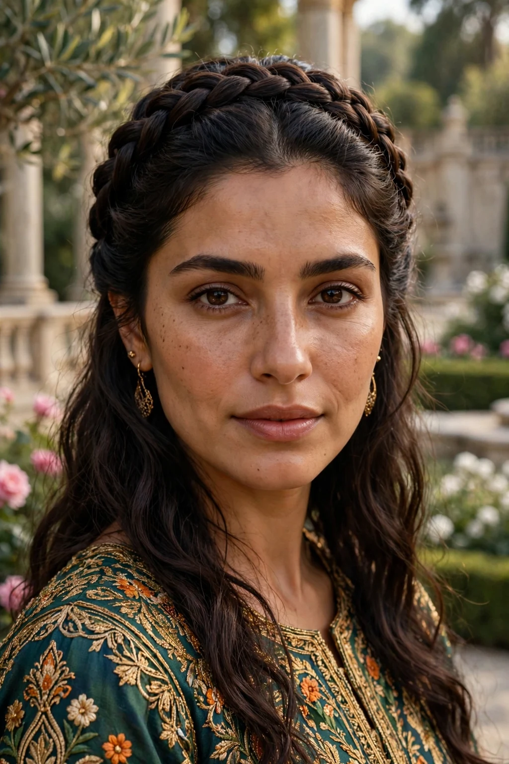Beautiful woman with half-up with crown braid, regal crown braid half-up, majestic light.