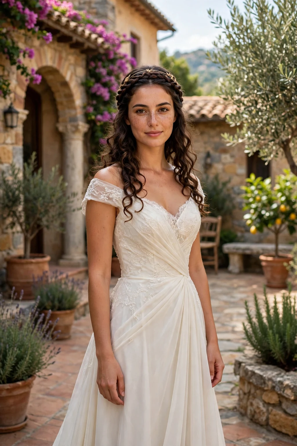 Young woman with a crown braid with loose curls and a gold circlet, wearing a ivory gown.