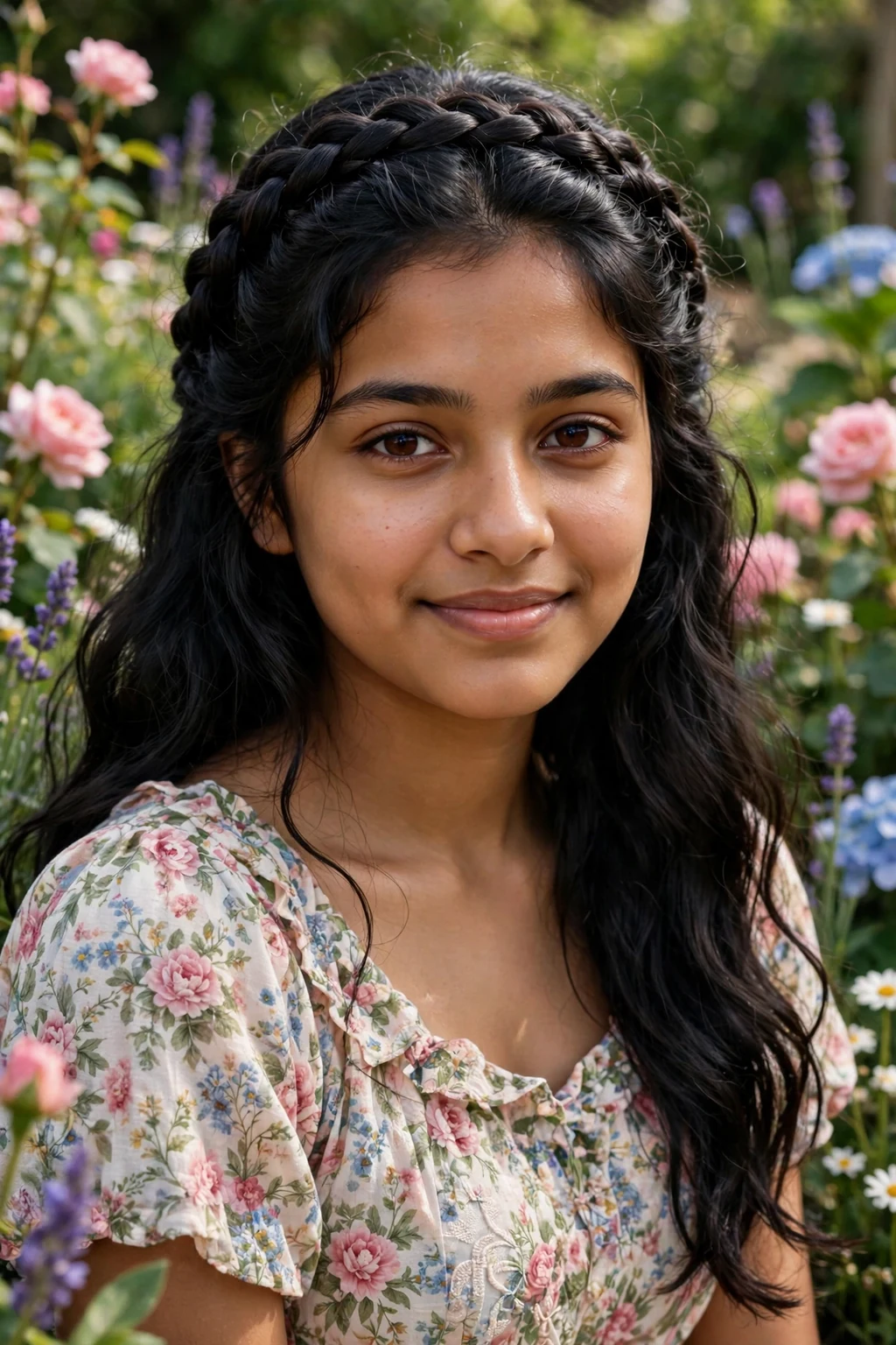 A young woman with a crown braid circling her head, wearing a floral dress in a garden.