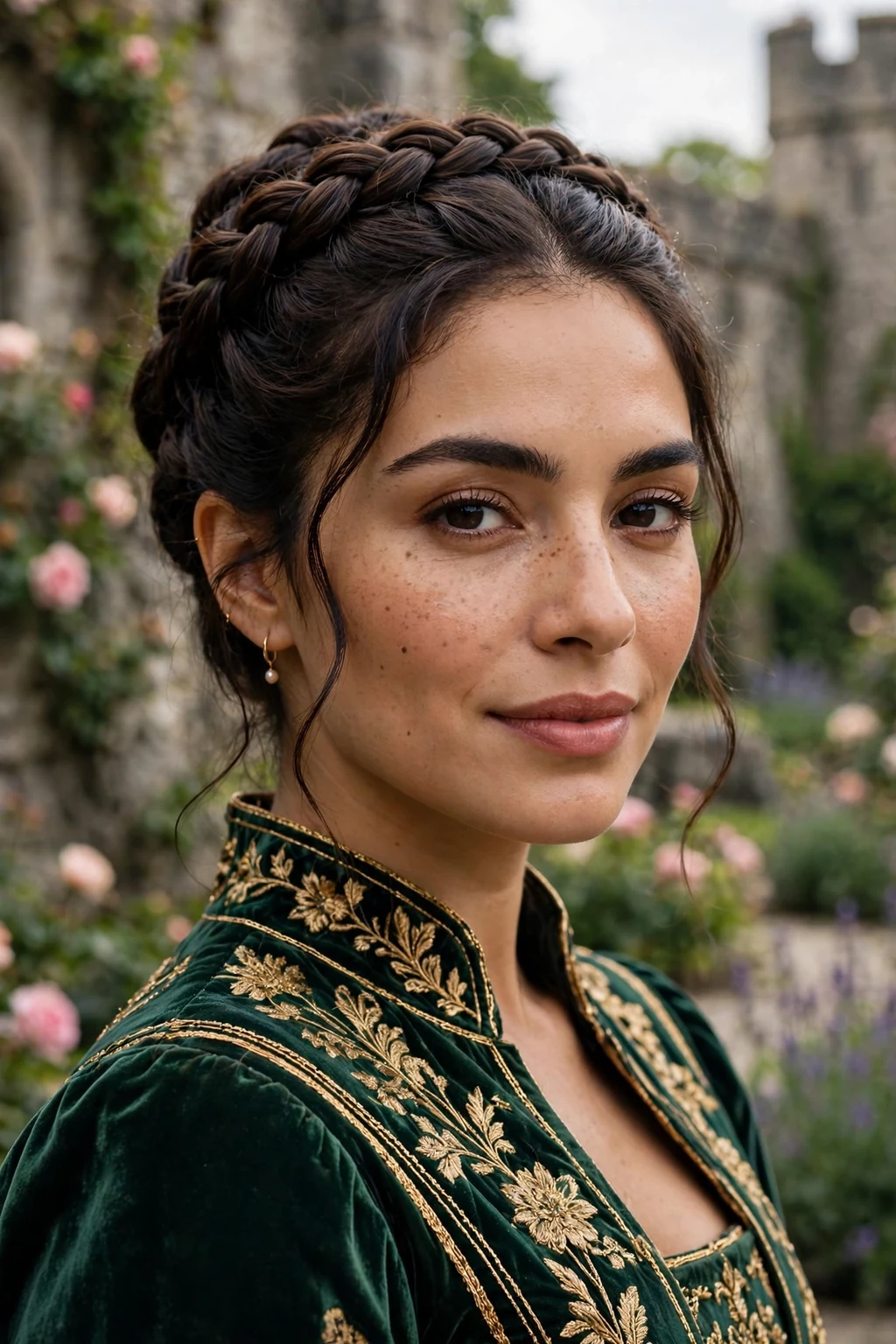 Beautiful woman with crown braid updo, regal crown braid, majestic light.