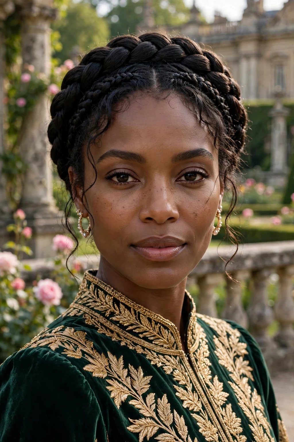Beautiful woman with crown braid, regal crown braid, majestic light.
