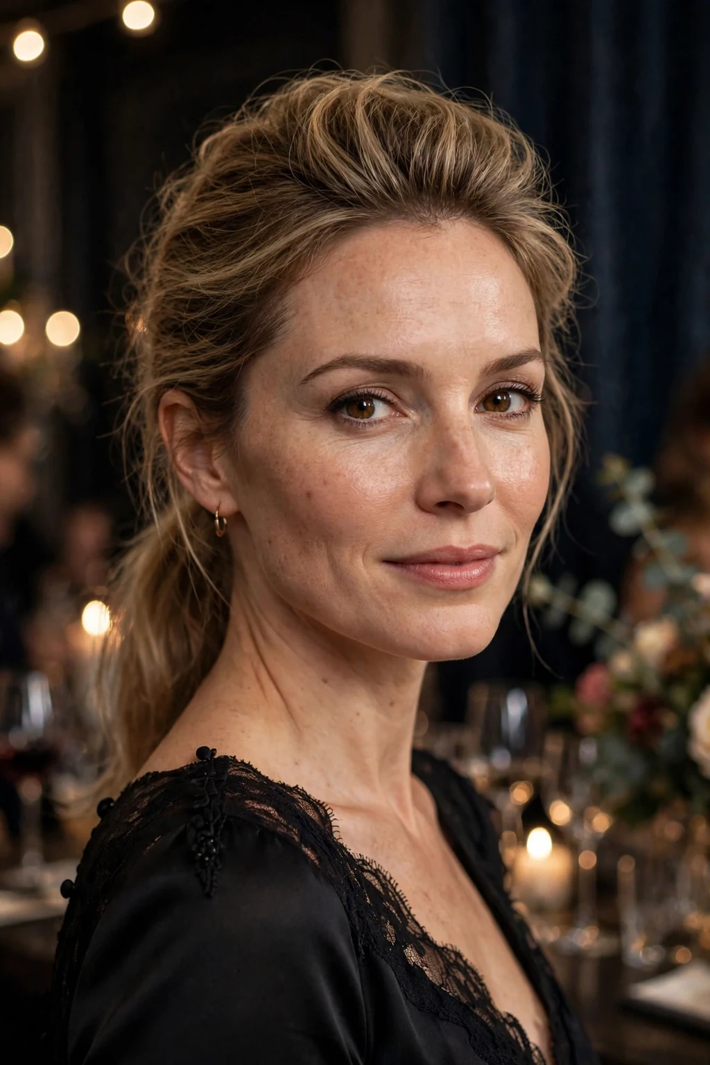 Beautiful woman with low pony with volume at crown, lifted crown low pony, elegant light.