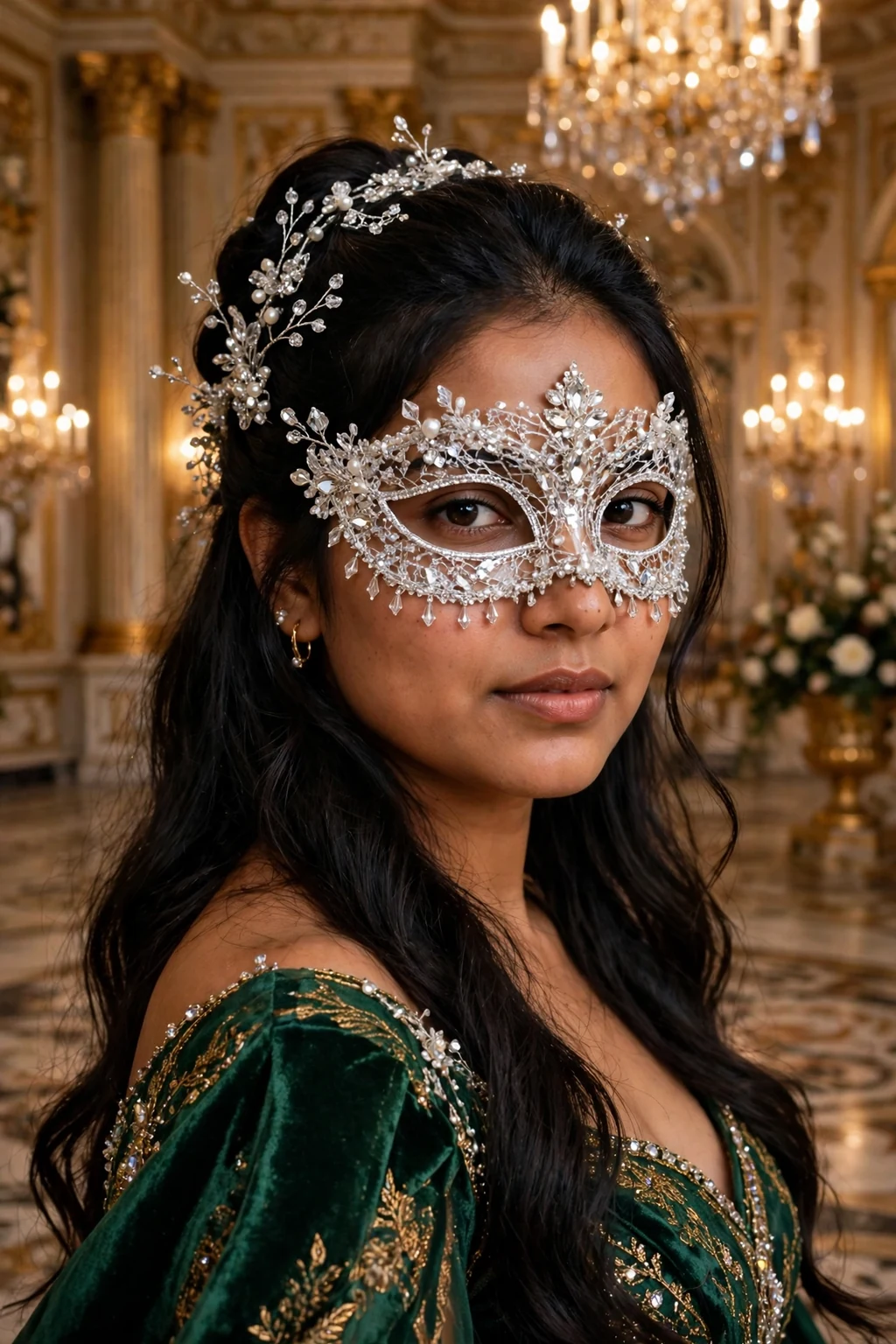 Young woman with a crystal-embellished half-up hairstyle and a masquerade mask.