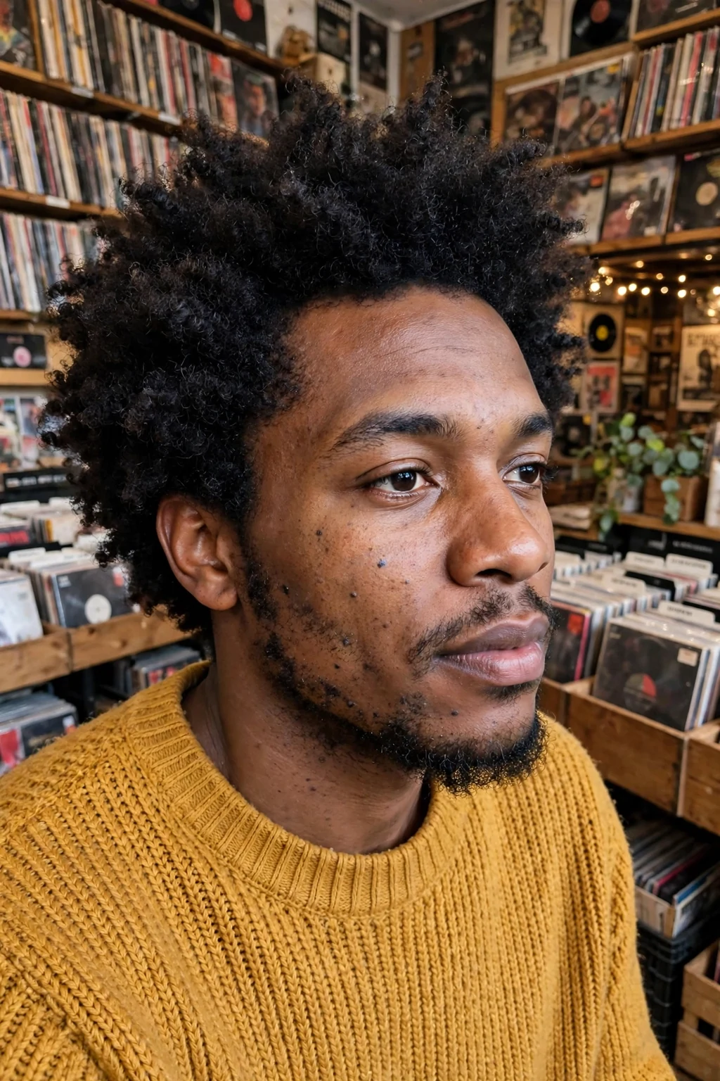 A man with a full rounded curly afro framing his face, photographed in warm natural light.