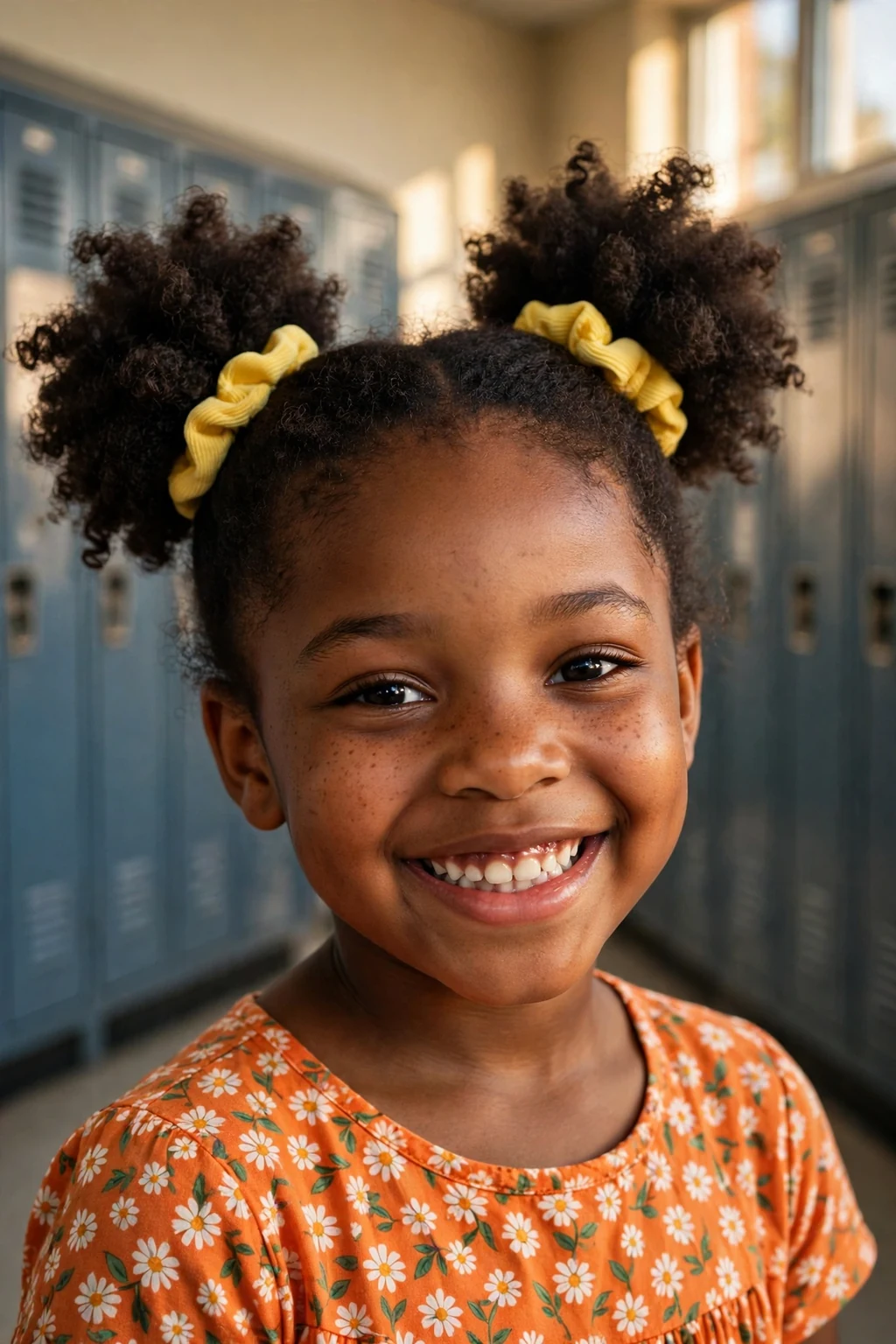 A young girl with two high curly afro puffs smiling for her school picture.