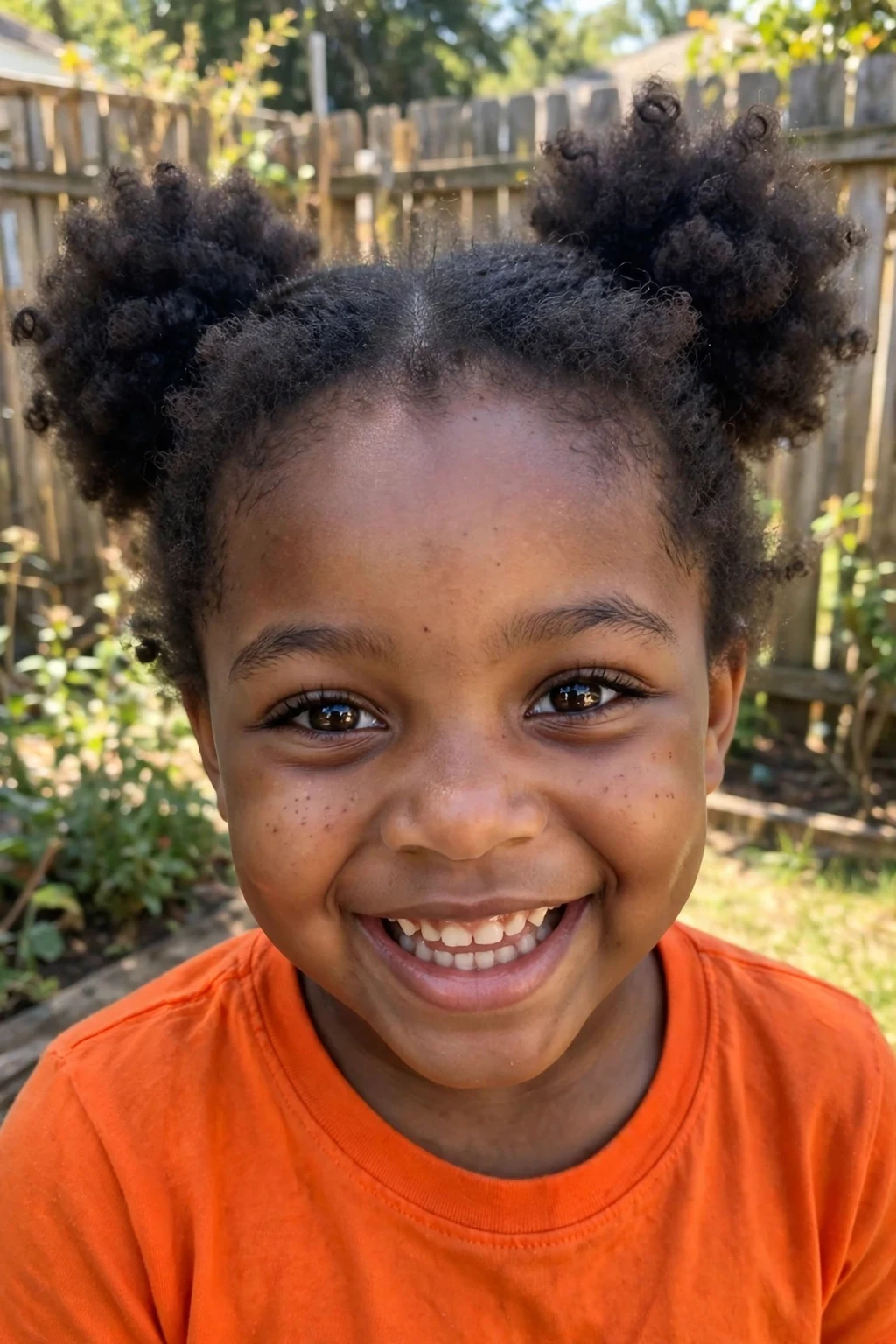 A joyful young girl with two curly afro puffs, wearing an orange top in a sunny yard.