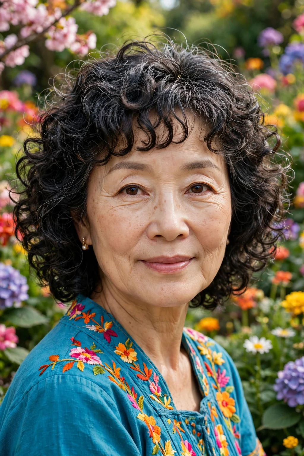 Beautiful older woman with curly bangs, bouncy curly bangs, vibrant light.
