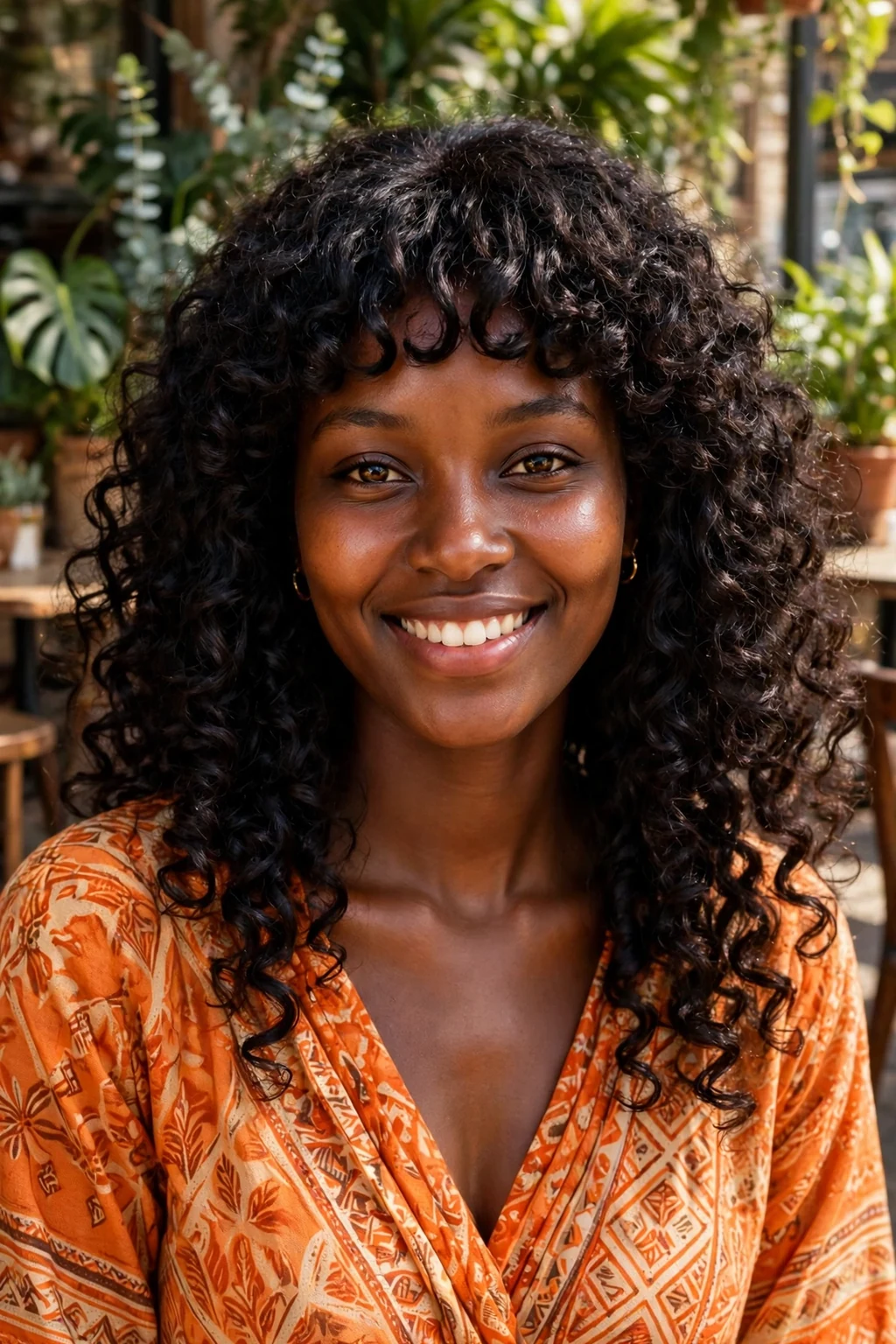 Young woman wearing a curly bangs wig with full curls and a curly fringe.