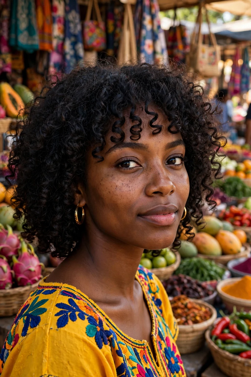 Beautiful woman with curly bangs, bouncy curly bangs, vibrant light.