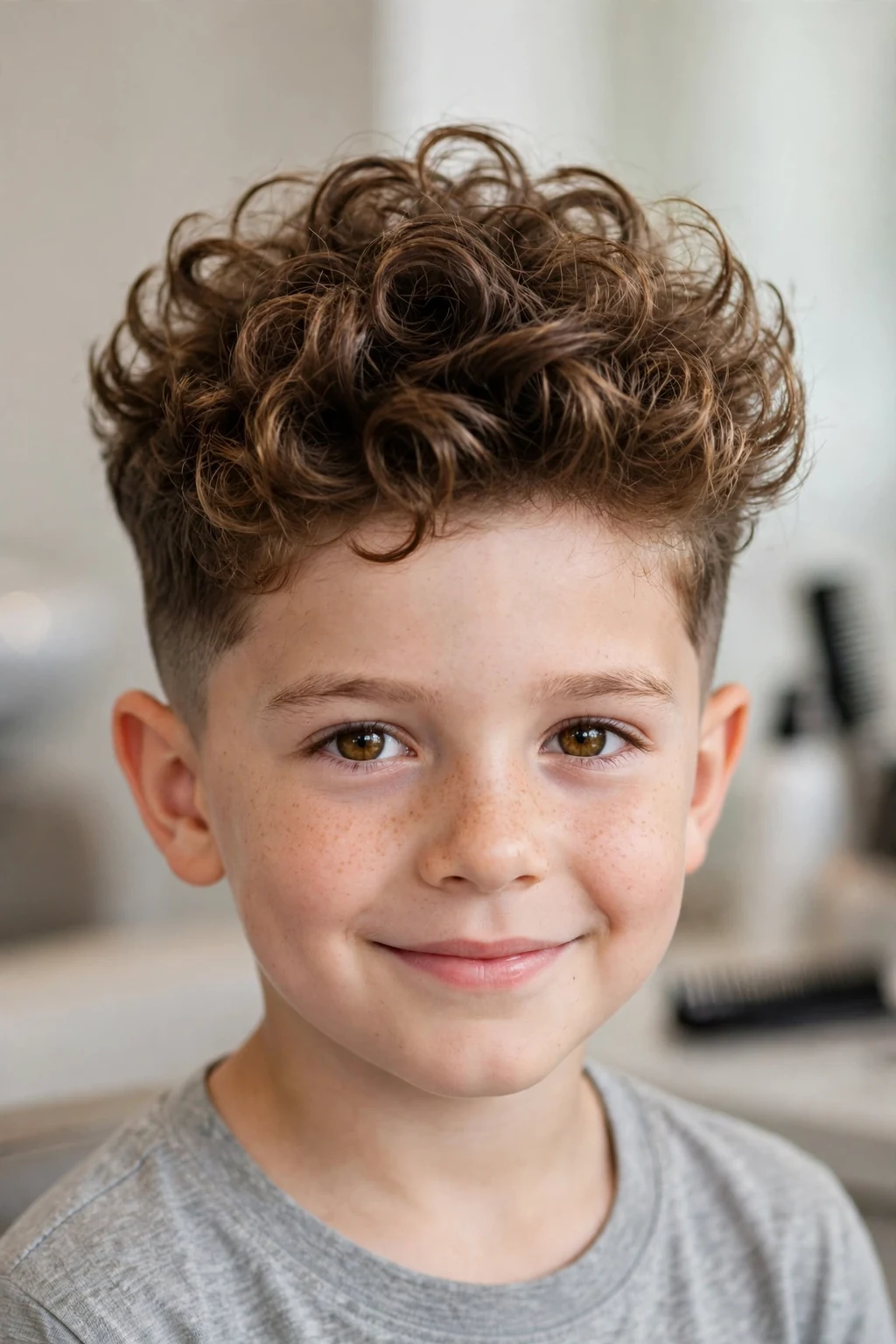 Handsome boy with a curly blowout taper, voluminous brushed curls, smooth tapered sides.