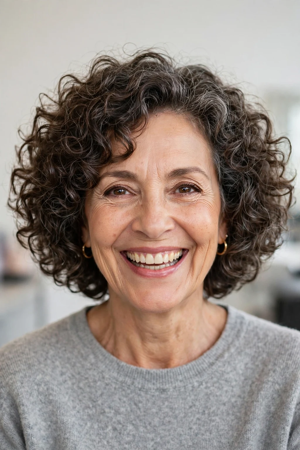 Elegant woman over 50 with curly bob, bouncy joyful curls, bright light.
