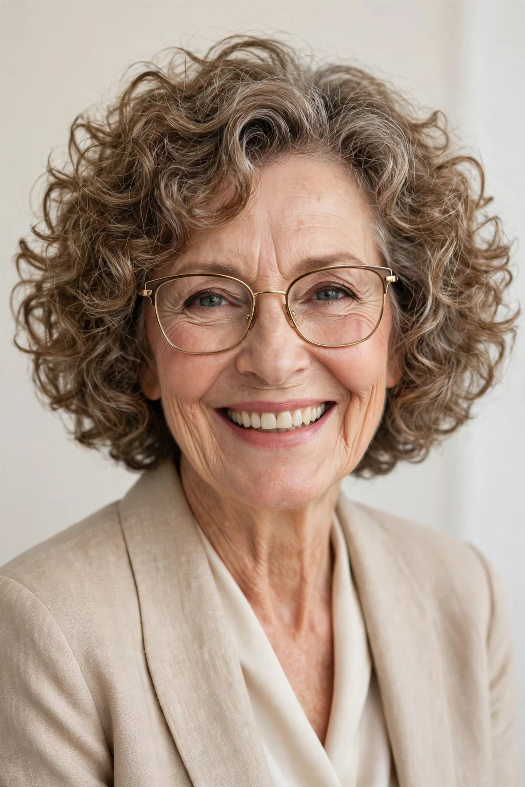 Elegant woman over 60 with glasses and curly bob, bouncy joyful curls, bright light.