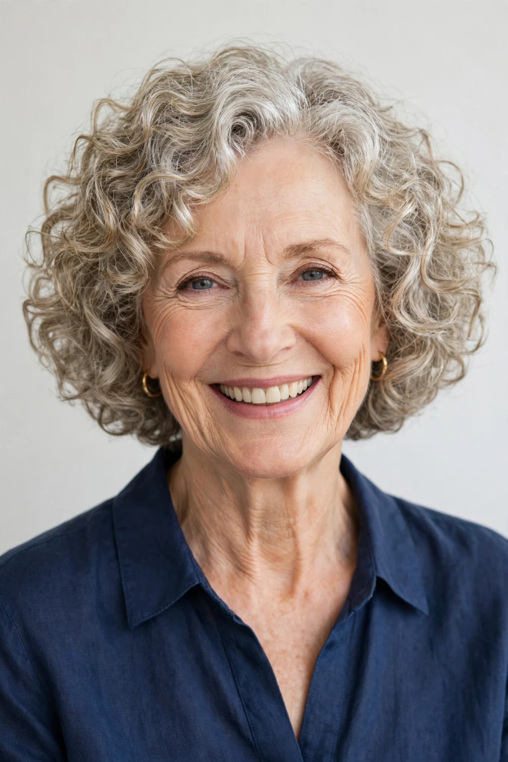 Elegant woman over 60 with curly bob, bouncy chin-length curls, joyful light.