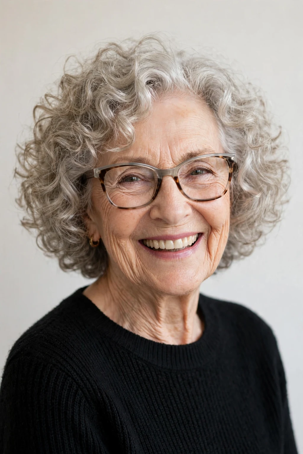Elegant woman over 70 with glasses and curly bob, bouncy joyful curls, bright light.