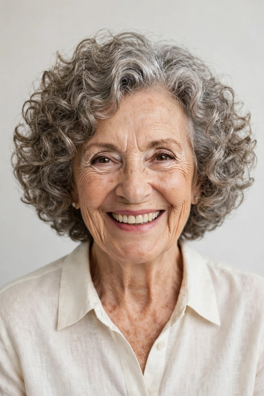 Elegant woman over 70 with curly bob, bouncy joyful curls, bright light.