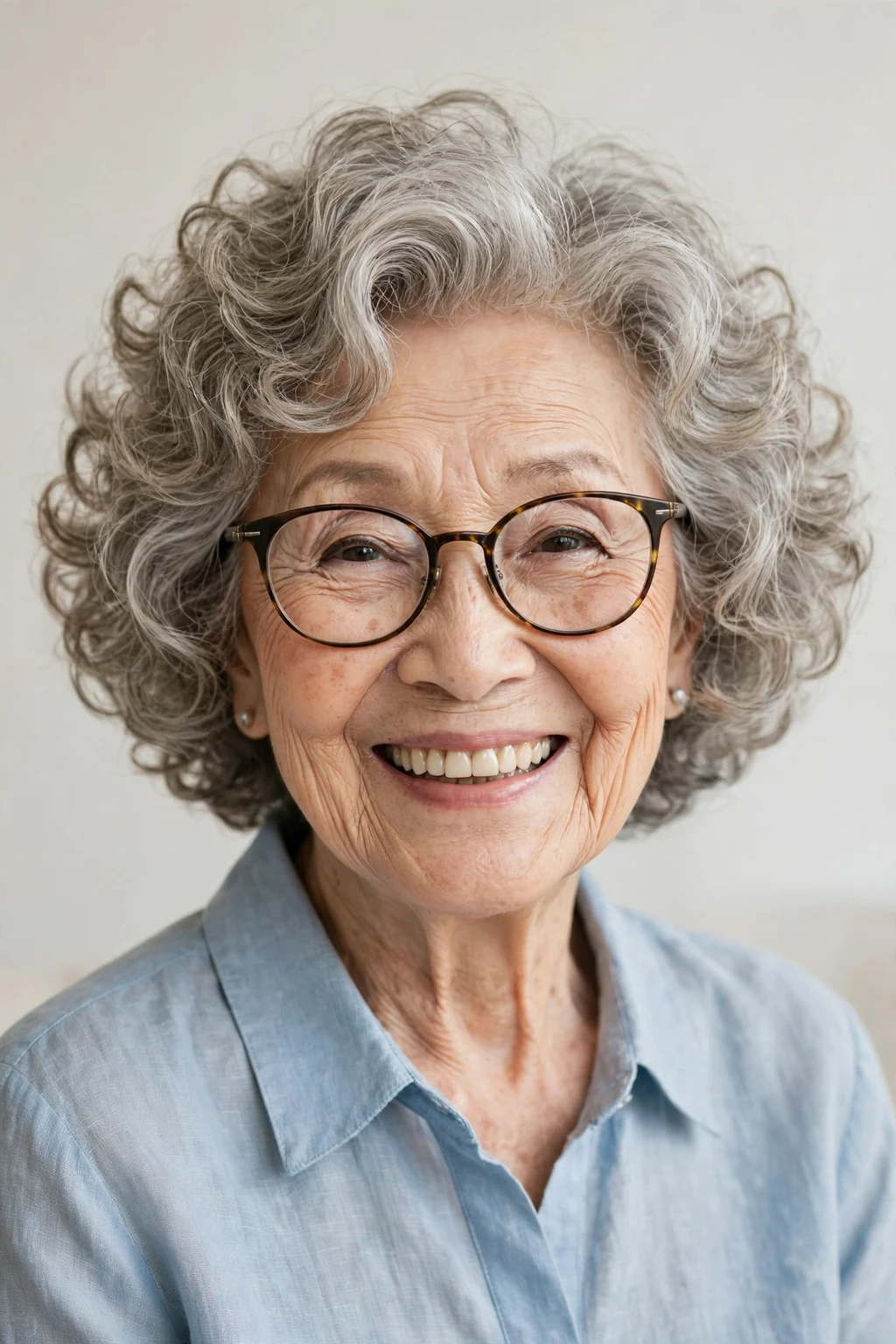 Elegant woman over 80 with glasses and curly bob, bouncy joyful curls, bright light.