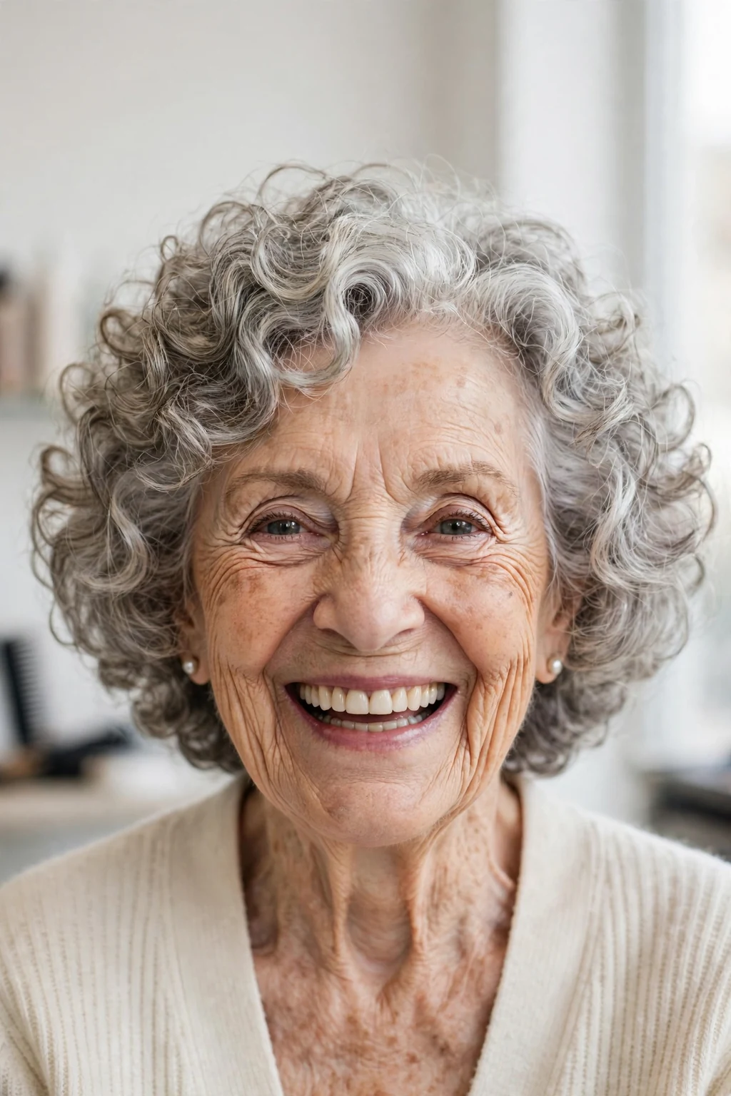 Elegant woman over 80 with curly bob, bouncy joyful curls, bright light.