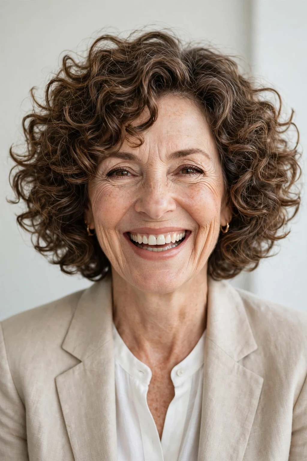 Elegant woman over 50 with curly bob, bouncy joyful curls, bright light.