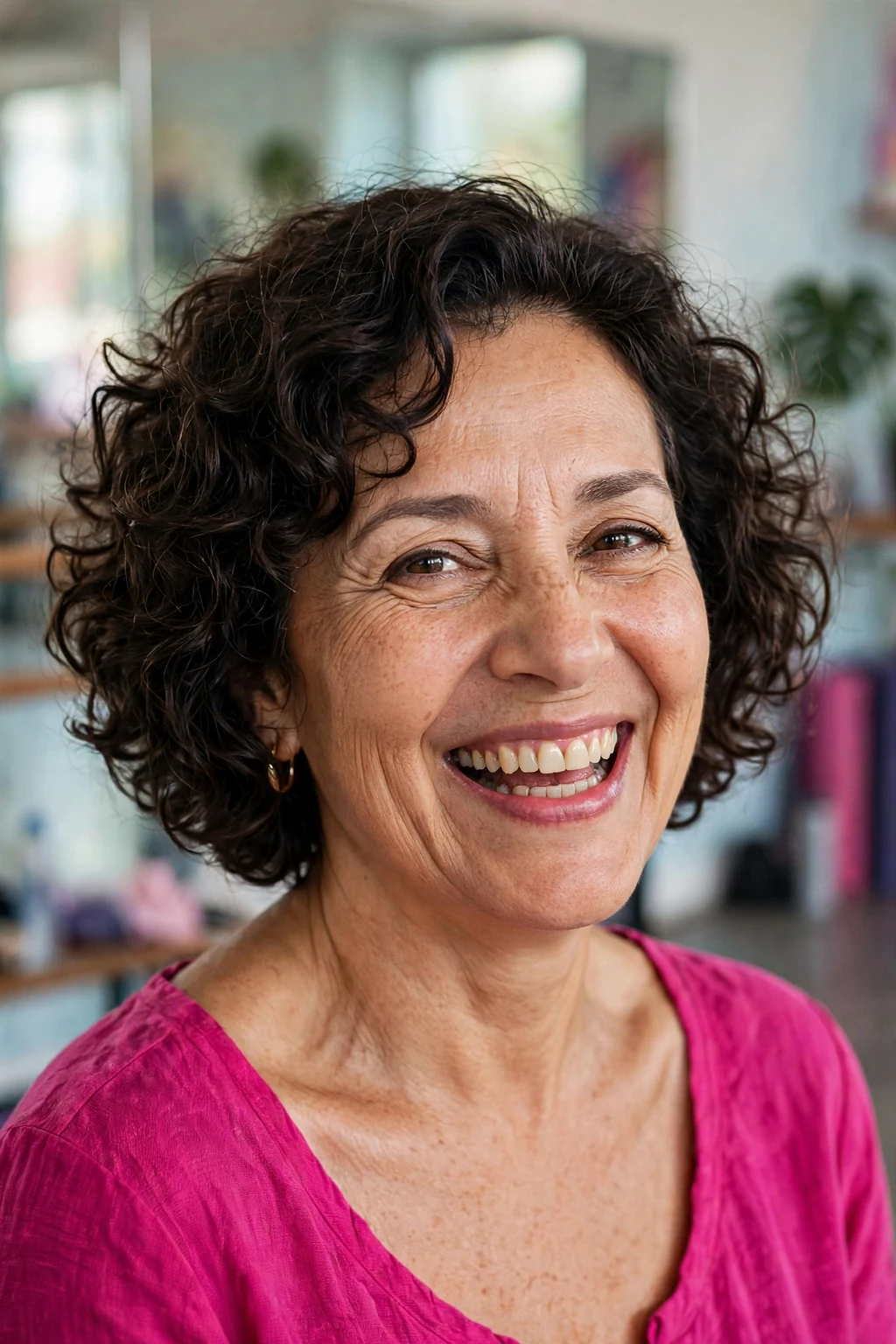 Beautiful older woman with curly bob wash-and-wear, bouncy curly bob, fun light.