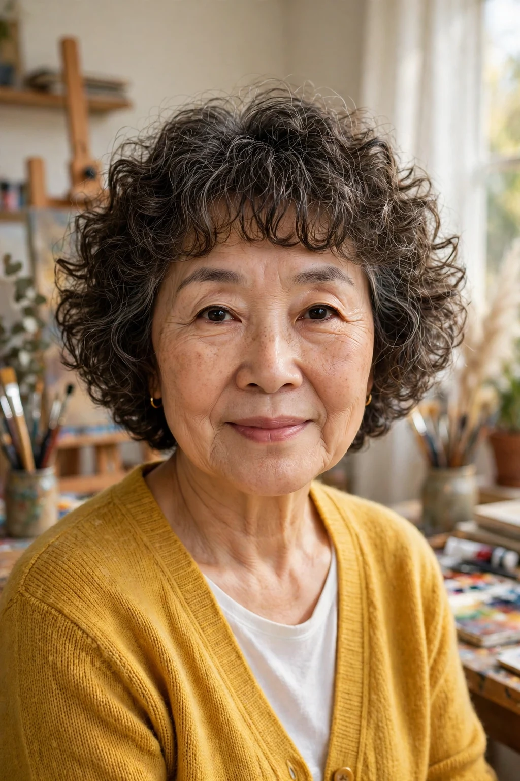 A woman in her mid-60s with a curly bob and full curly bangs, wearing a mustard cardigan in a sunny art studio.